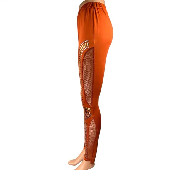 Rehab Orange Studded Fishnet Jeweled Skinny Mid Rise Trousers Leggings Pants L - Picture 2 of 7